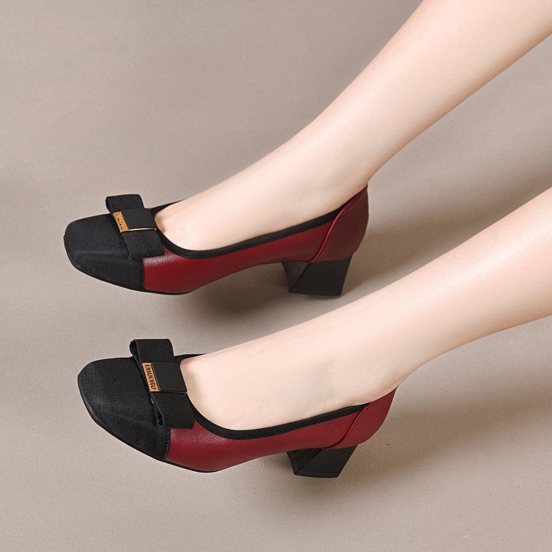 

Square head high heels women s 2025 new temperament small fragrant style cowhide color matching light mouth single shoes soft sole soft surface fashi 40