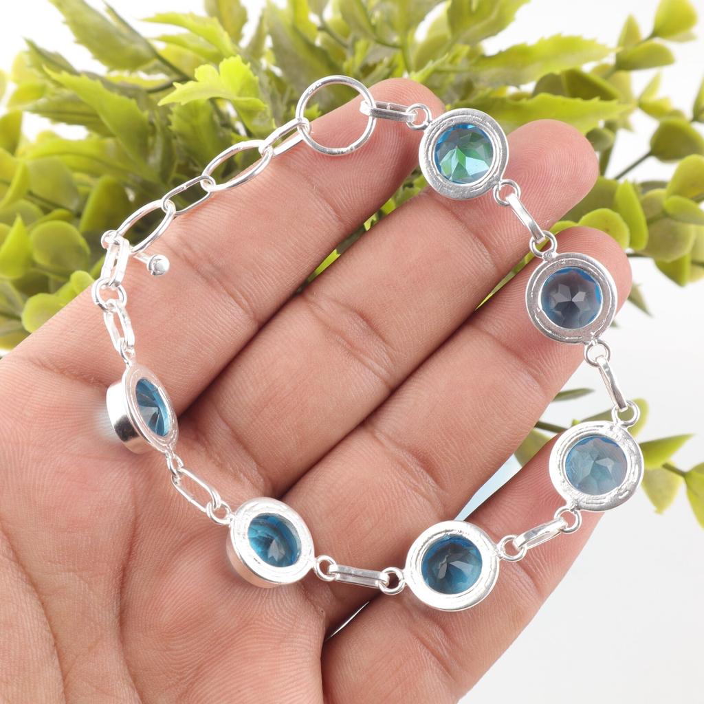 Swiss Blue Topaz Gemstone 925 Sterling Silver Jewelry Women's Gift Bracelet 7-9" RB-13-1