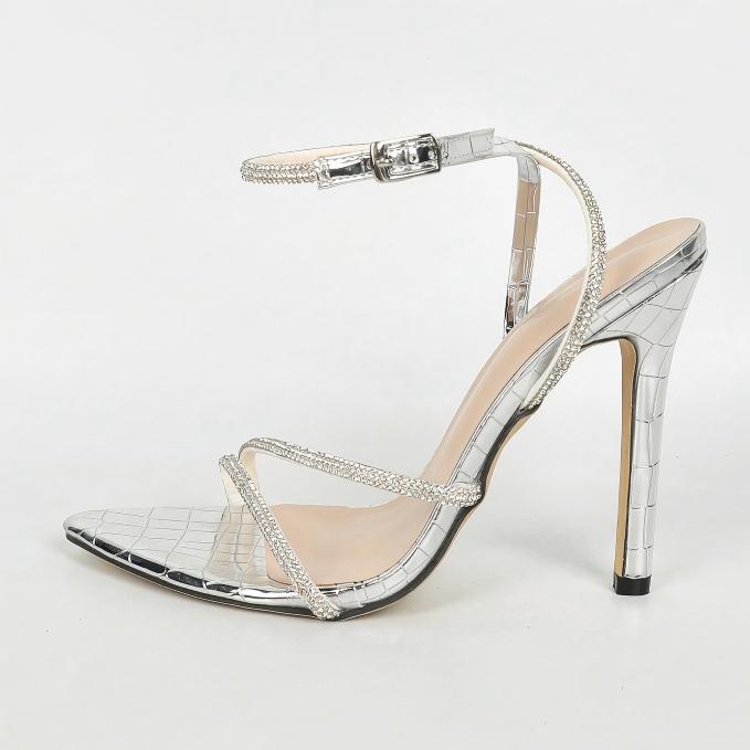 Maogu Frauen Sandalen High Heels Schnalle Frau Stiletto Hochzeit Strass Stöckelschuhe Sandale Weibliche Schuhe Silber Bling Kristall Sexy 40