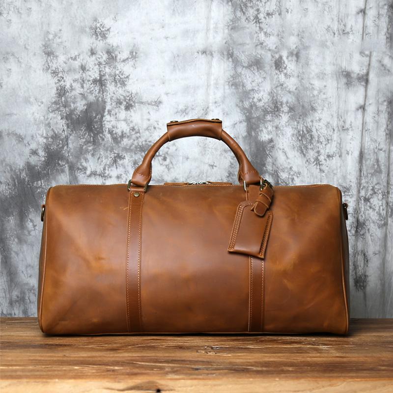 NZPJ Retro Genuine Leather Travel Bag Crazy Horse Leather Men's Handbag Top Layer Cowhide Crossbody Bag Wearable Trolley Luggage