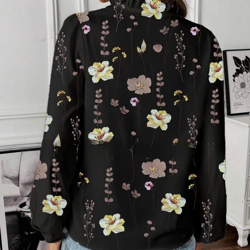 Móda Vintage Květinová Volná Košile s Dlouhým Rukávem Dámská Volánkový V-výstřih Potisk Ležérní Halenky pro Ženy Elegantní Slim Fit Jednoduché Košile pro Kancelářské Dámy 26502