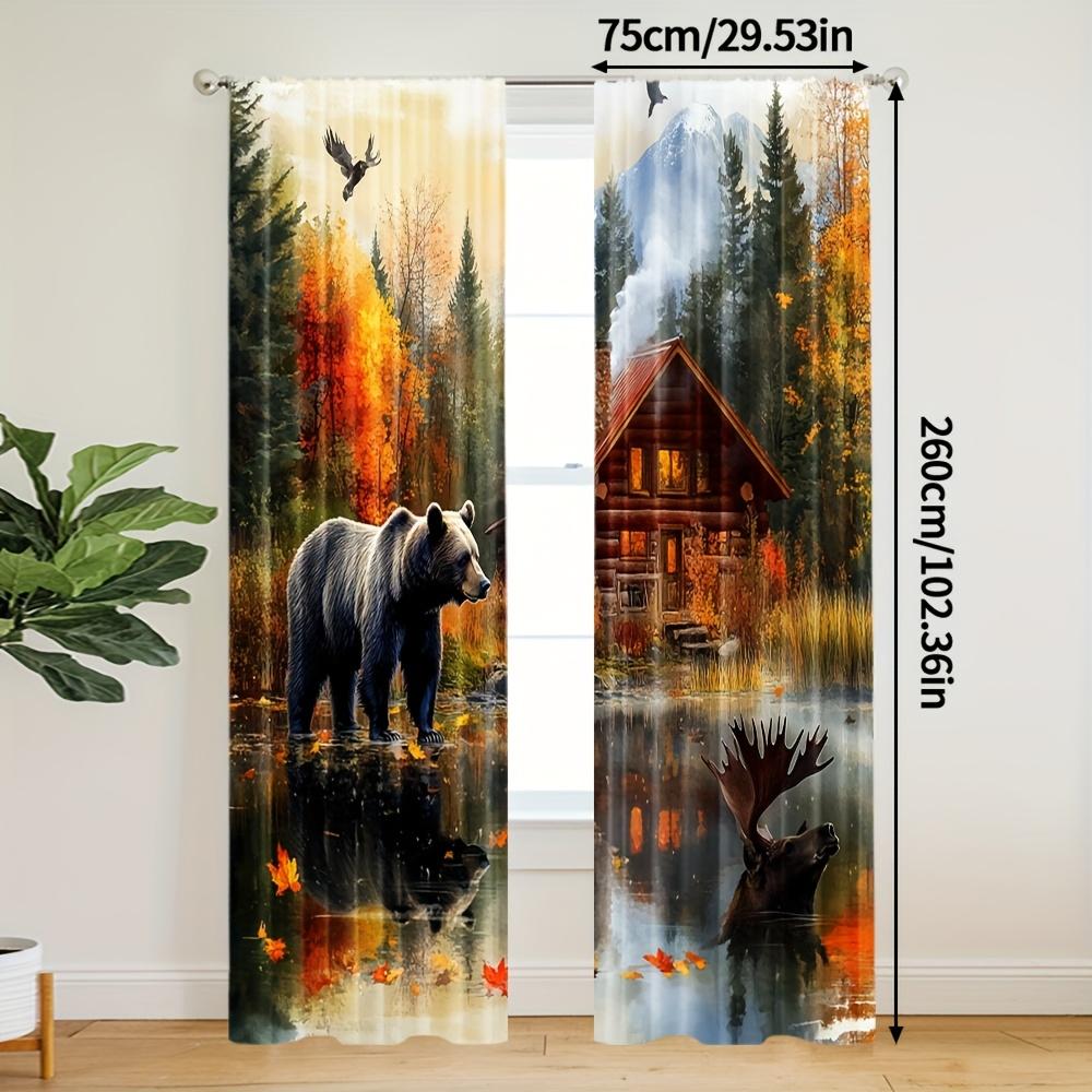 Autumn Forest Bear Moose Cabin Curtain Panels, Lake Mountain Wooden House Wild Animal Digital Print Drapes for Lodge Home Decor