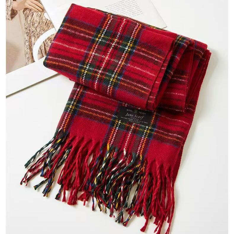 

Женский красный вязаный шерстяной шарф - Новогодний и зимний теплый японский клетчатый снуд красный