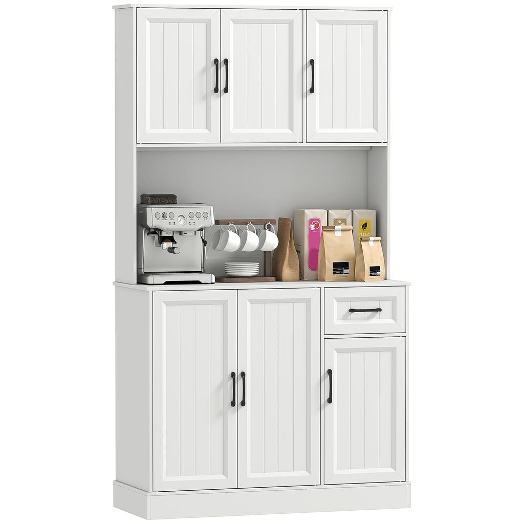 Kitchen Highboard, 6 Doors, 1 Drawer, Open Compartment, Shelves, 100 x 39.5 x 180.5 cm, White