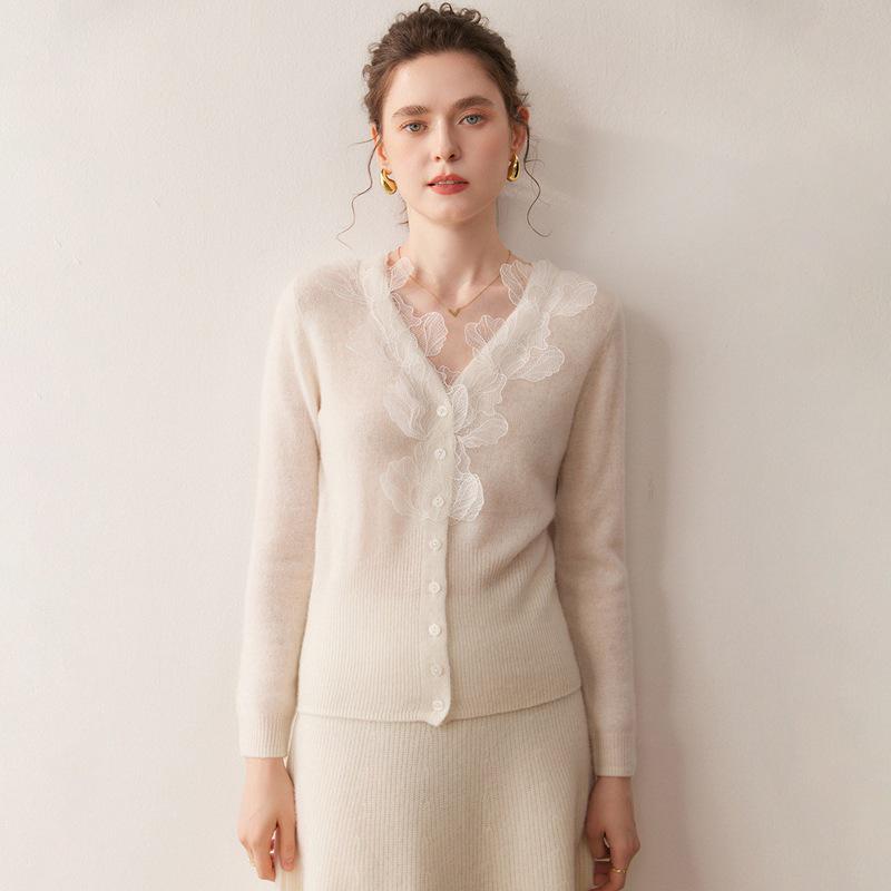 Women's Lace Cashmere Knit Cardigan - 3D Floral Design, Solid Color, Versatile Slimming Fit for Autumn and Winter