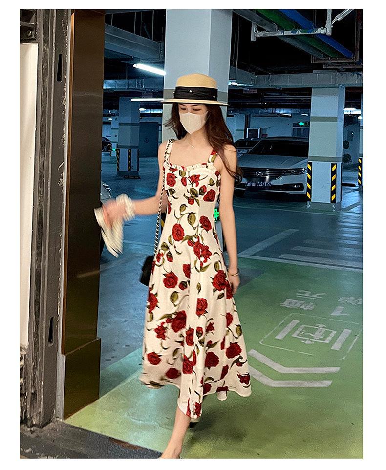 Women's French Retro Rose Floral Suspender Dress - Elegant and Chic Long Design