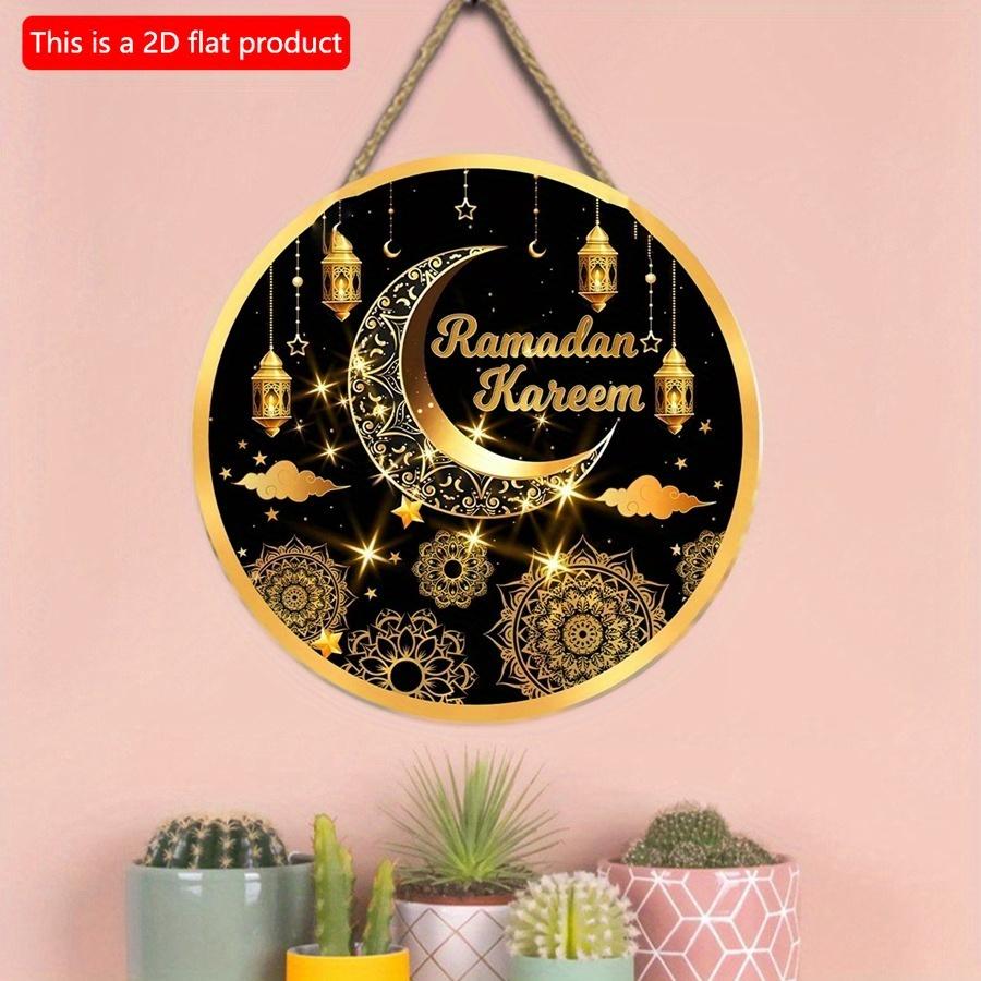 2D flach 20*20cm 1 Stück Ramadan Kareem Goldene Mond&Laternen Muster Schöne Islam Muslimische Partyzubehör, Geeignet zum Aufhängen an der Decke Runde Holzornament