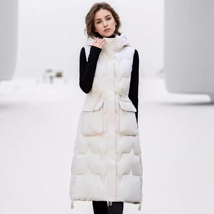 2026 Winter Women's Sleeveless Cotton Jacket Female Casual Hooded Long Over Knee Cotton Vest Jacket Women Thicken Warm Coats