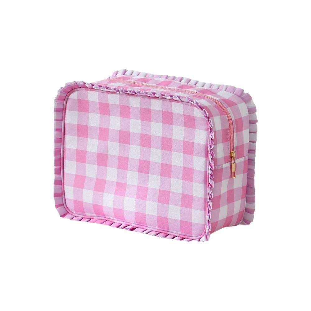 Large Lacework Makeup Bags Nylon Grid Printing Storage Bag Simple Ruffle Cosmetic Bag Home розовый