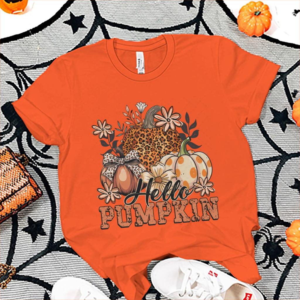 Hello Pumpkin Tshirt FeUnisex Halloween Fall Leopard Pumpkin Coquette Bow Graphic T Shirts Spooky Season Short Sleeve Tee Top