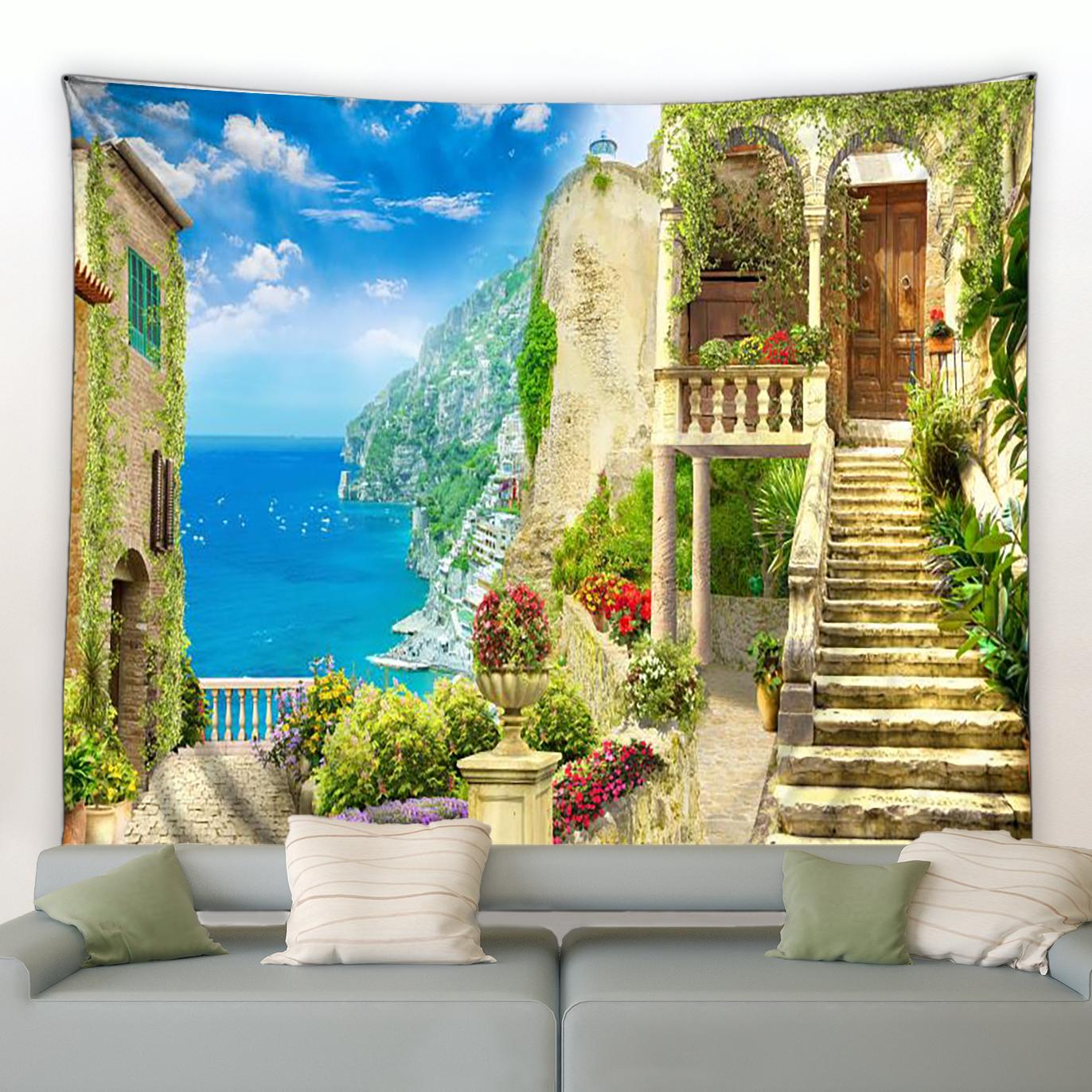 

Европейский Приморский Город Цветочный Гобелен Ретро Итальянская Архитектура Растительный Пейзаж Настенный Гобелен Гостиная Комната Домашнее Украшение 100X75CM
