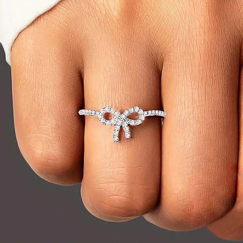 

Huitan Chic Bowknot Rings for Women Rose Red CZ Crystal Rings Fashionable Finger Accessories Temperament Sweet Female Zircon 7