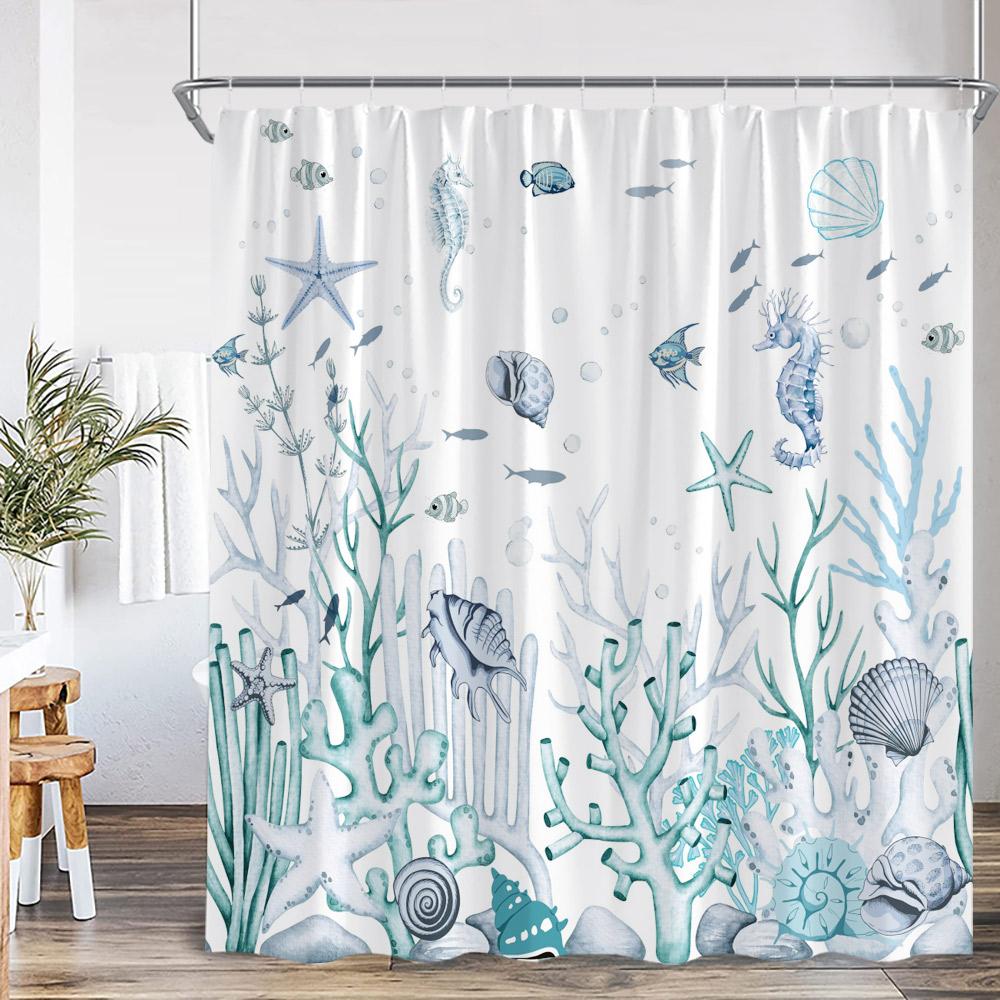 Nautical Marine Life Shower Curtain Anchor Sea Turtle Seastar Octopus Seashell Coral Ocean Summer Bathroom Curtain Decoration