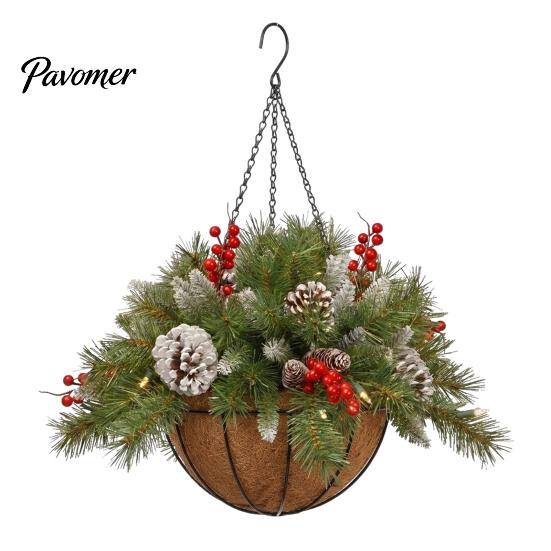 Winter Front Door Decoration Artificial Christmas Hanging Basket with Pine Branches, Red Berries & Pinecones, Natural Style Porch Decor Pre-lit