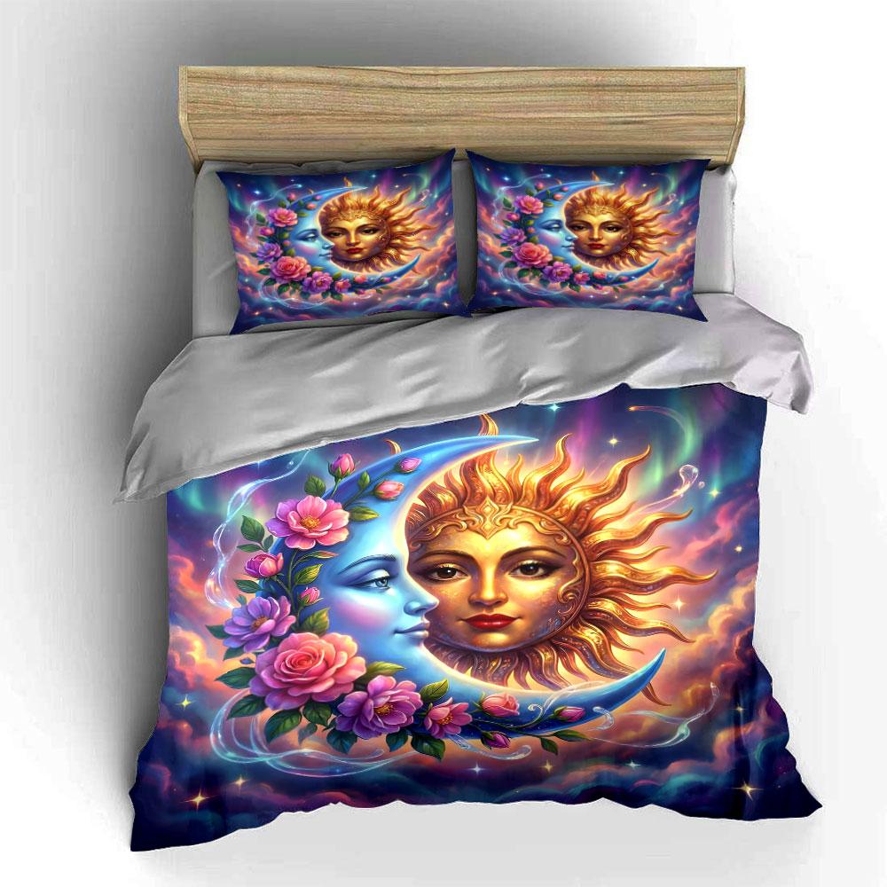 Sun and Moon with Floral Design Bedding Duvet Cover Set (1*Duvet Cover 2*Pillowcases, Without Duvet Insert)