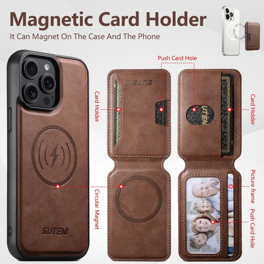 SUTENI M3 For iPhone 15 Pro Max Magnetic Case Cowhide Texture Leather Back Cover with Card Bag Kickstand