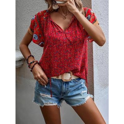Women's Fashion Casual Summer Spring Flower Pattern Print Short Sleeve V-Neck Loose Blouses & Shirts