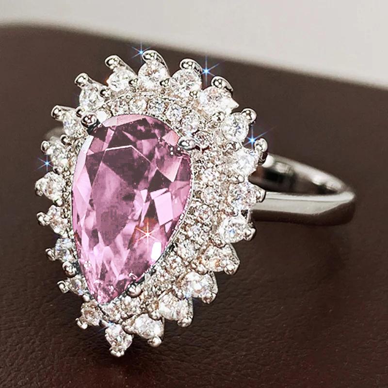Huitan Waterdrop Cubic Zirconia Women Rings Luxury Green/Blue/Crystal/Pink Pear Rings Engagement Wedding Elegant Female Zircon