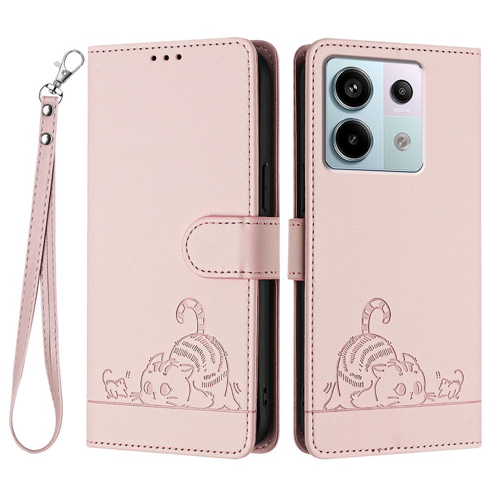 For Xiaomi Redmi Note 13 Pro 5G/Poco X6 5G Case with Strap RFID Blocking Leather Wallet Phone Cover Cat Mouse Pattern - Black