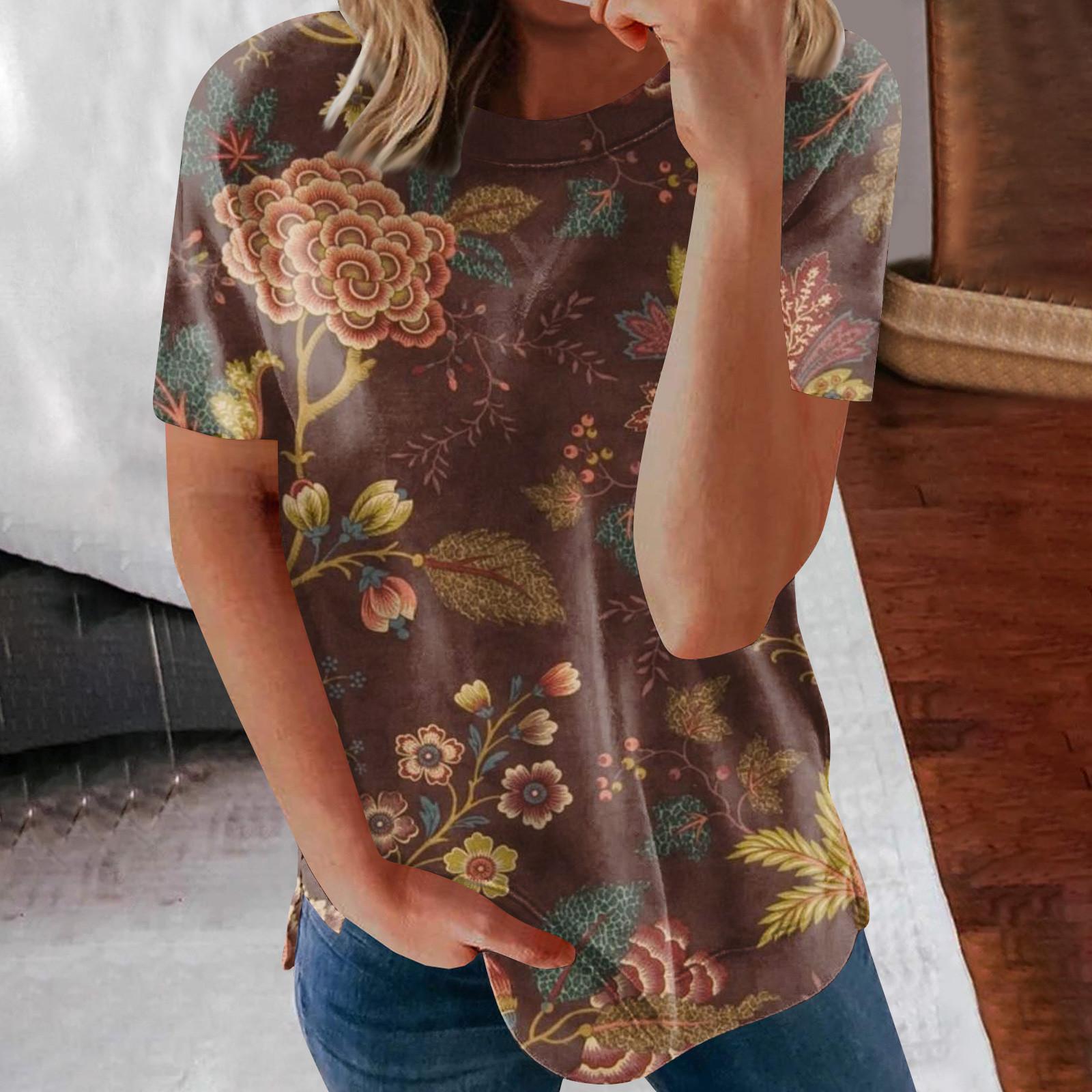 Women s Printed Short Sleeve Round Neck Retro Short Sleeve Summer Loose Tops Tops Women s Summer T-Shirts S коричневый