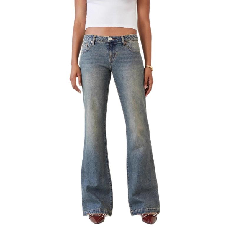 Womens Y2K Low Rise Bootcut Jeans Vintage Washed Flared Denim Pants Streetwear