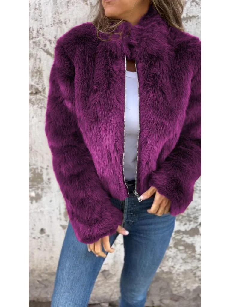 Women's Faux Fur High Neck Zipper Casual Jacket - Autumn/Winter Collection