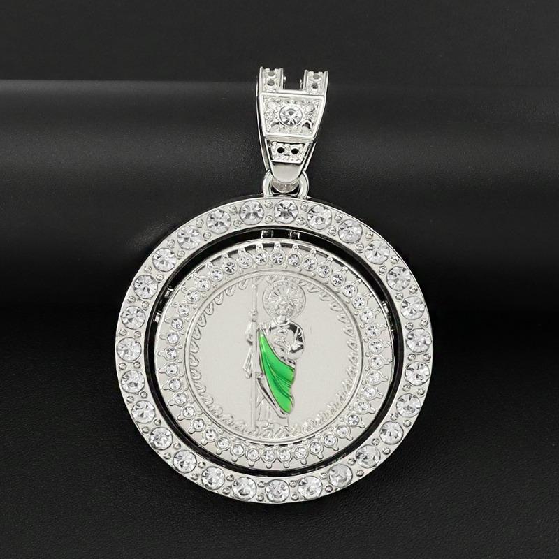 Hip Hop Tide Men's and Women's Diamonds Rotatable Religious St. Jude Statue Pendant Cuban Chain Necklace Accessories