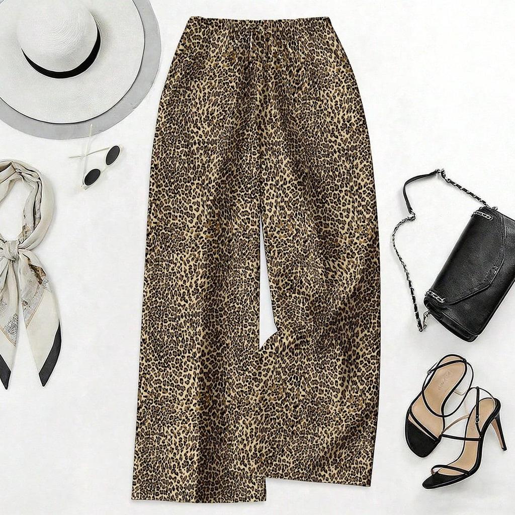 Women's Plus Size High Waist Leopard Print Wide Leg Pants - Summer Casual European American Style