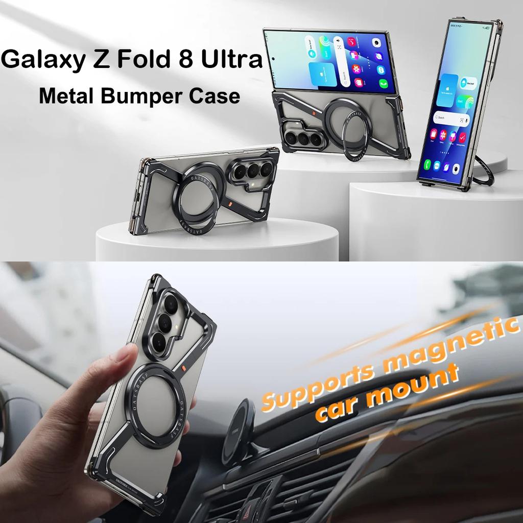 Frameless Metal Case for Samsung Galaxy Z Fold 8 Ultra Bumper 360°Rotating Magnetic Stand Shockproof Protection Phone Cover