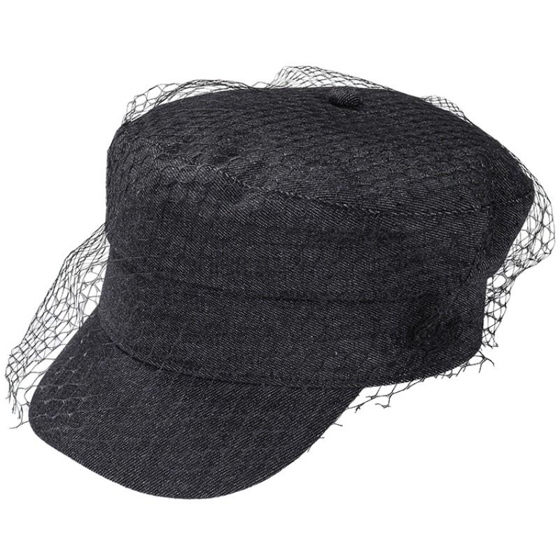 Fashion Lace Mesh Yarn Berets Hats For Women Girl Vintage Black Denim/Pu Flat Top Newsboy Caps Female Elegant Short Brim Sun Hat