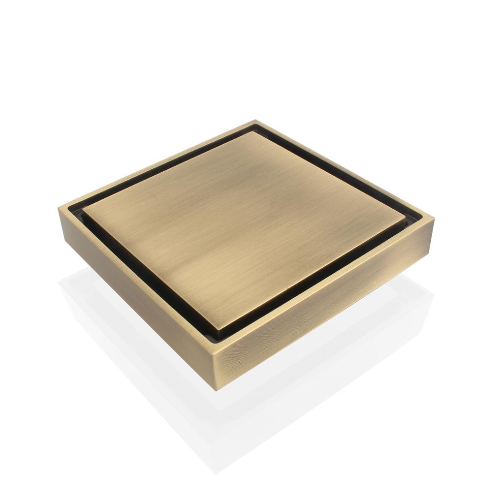 Modern Square Pattern Copper Bathroom Floor Drain Black Gold Brushed Shower Strainer with Tile Insert for Hotels and Bathtubs