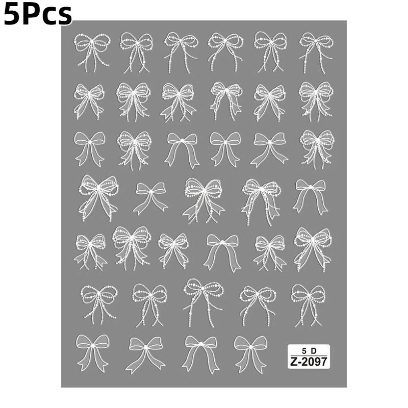 5Pcs 5D Nail Art Stickers Self Adhesive White Lace Bow Flower Embossed Design For Home Diy Manicure Nail Salon Use