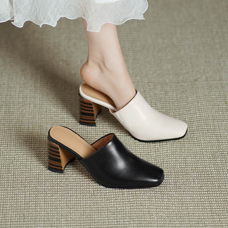 Krazing Pot Mules Cow Skin Basic Clothing Spring Summer Size 43 Size 42 Sandals Women Thick Heels Women Square Toe Slip On Pumps