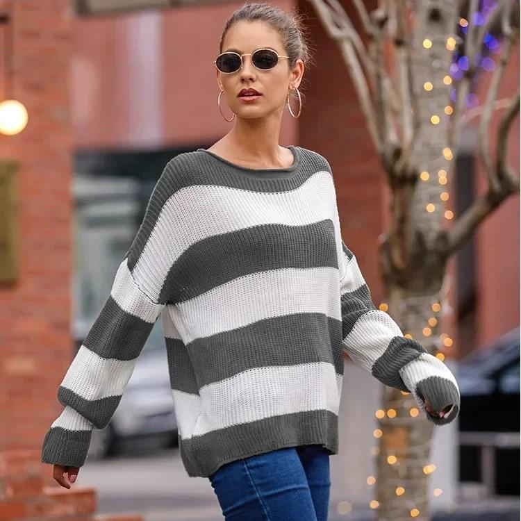 

Осень/зима свитер с длинными рукавами модные мягкие теплые офисные женские топы повседневный вязаный пуловер с круглым вырезом в полоску контрастного цвета 29823 L серый