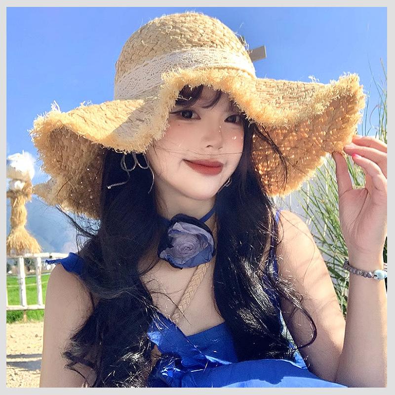 Hollow Lafite Straw Hat Women's Summer Seaside Beach Sunshade Sunscreen Hat Big Brim Sun Hat New
