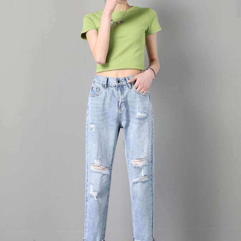 Ripped Nine Point Jeans Women's Loose Summer Thin Section High Waist Straight Pants