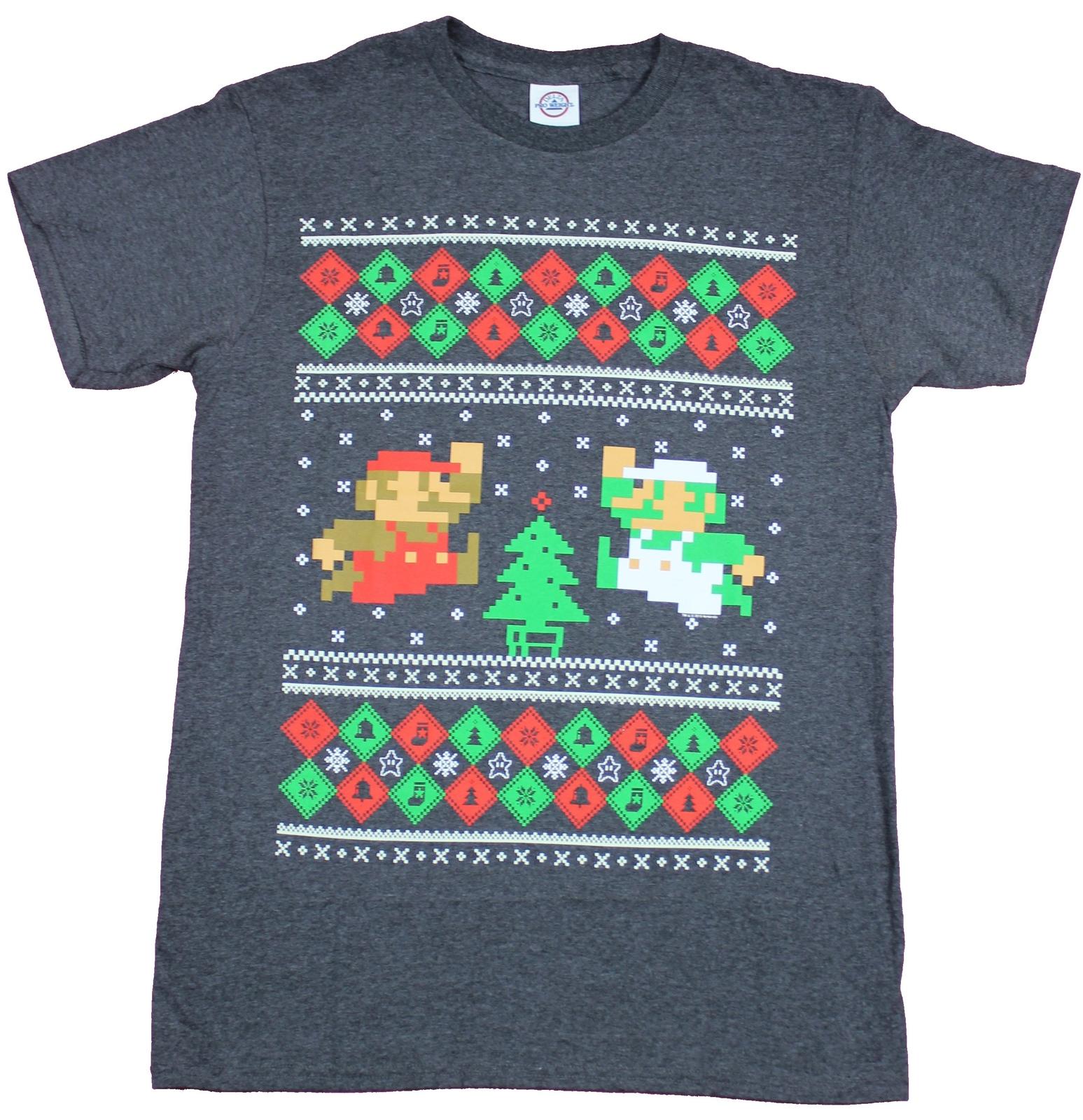 Super Mario Brothers Adult New T-Shirt - Christmas Fair Isle Style 8-Bit Pic XXL