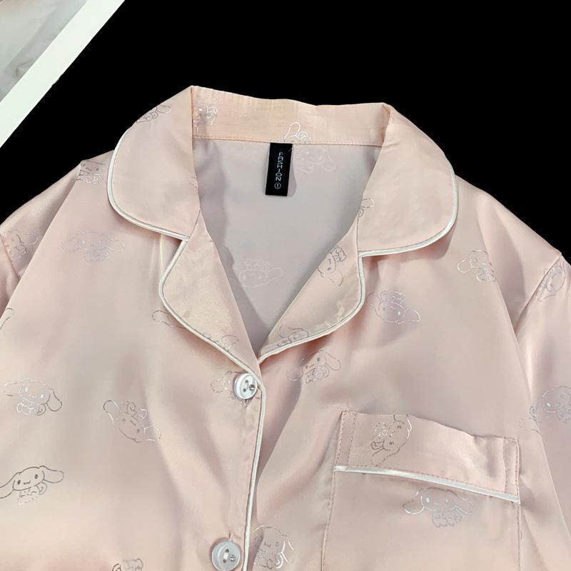 Women's Ice Silk Pajama Set: Built-in Bra, Silver Cinnamon Dog & Cat Top, Shorts & Long Pants
