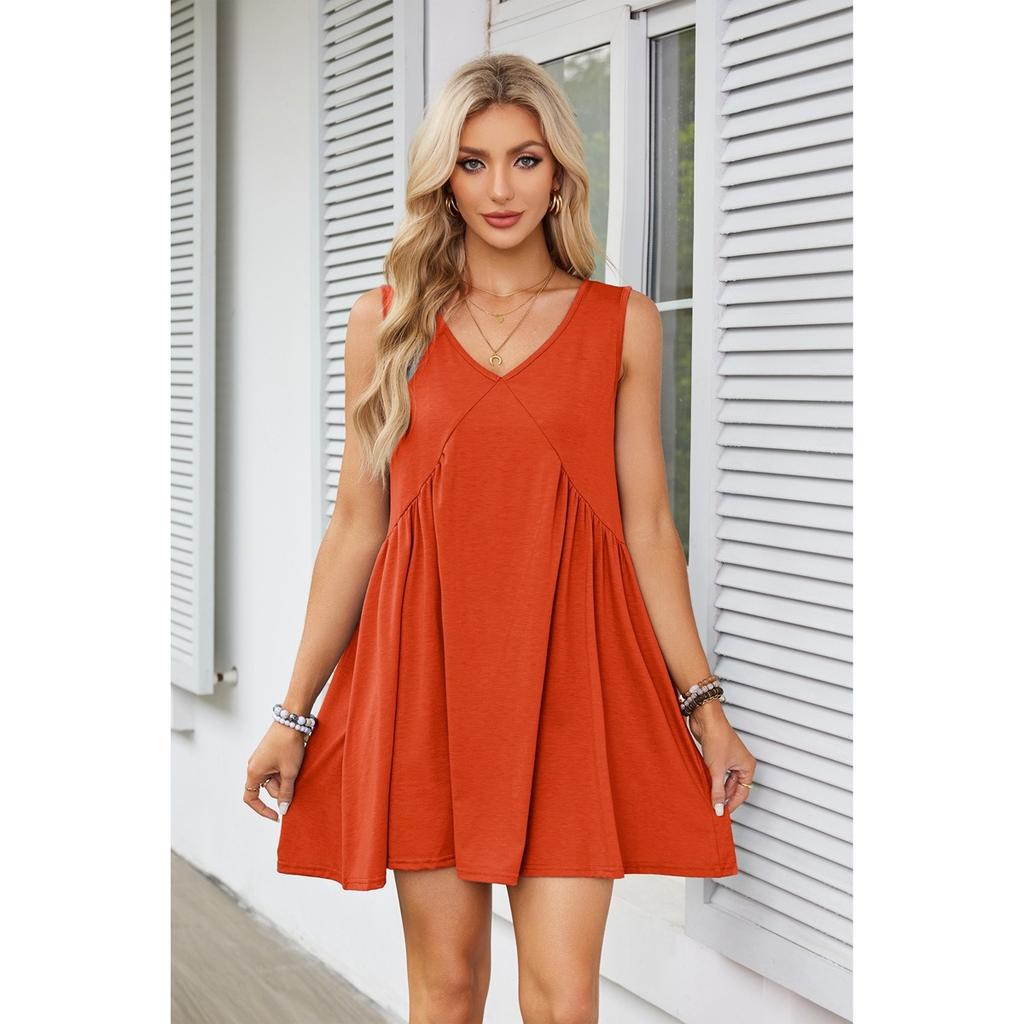 Women's V Neck Sleeveless Solid Mini Dress Loose Flowy Casual Tank Sundress With Side Pockets