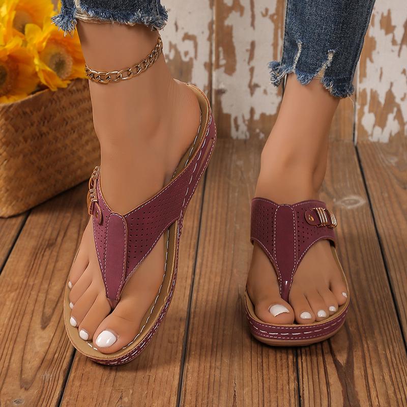 Vintage Wedge Flip Flops for Women 2025 Metal Decor Clip Toe Thick Sole Sandals Woman Lightweight Non Slip Casual Sandles 43