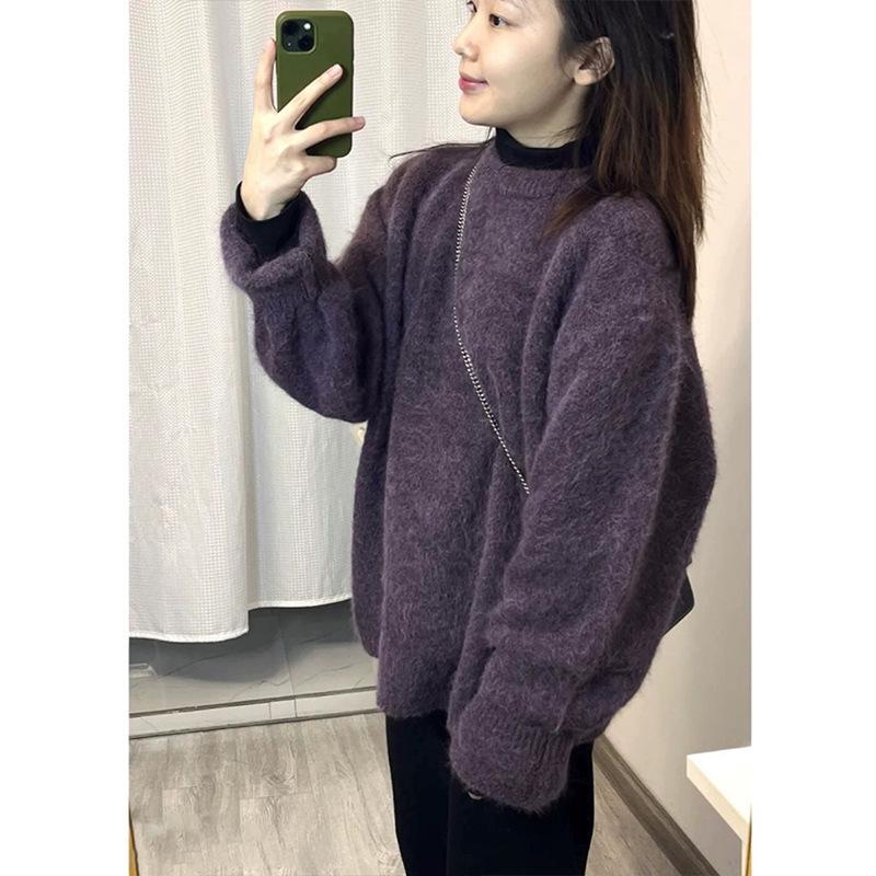 Women's Fashionable Purple French-Style Thick Round Neck Sweater: Soft, Loose, and Layered Knit Pullover
