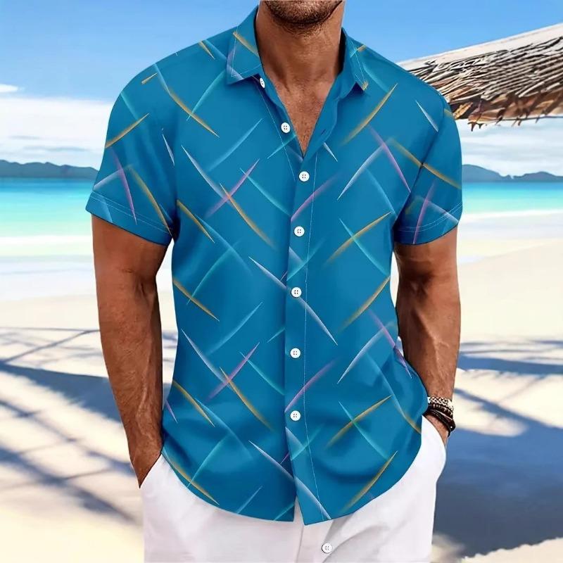 Men Colorful Geometric Print Short Sleeve Button Down Shirt
