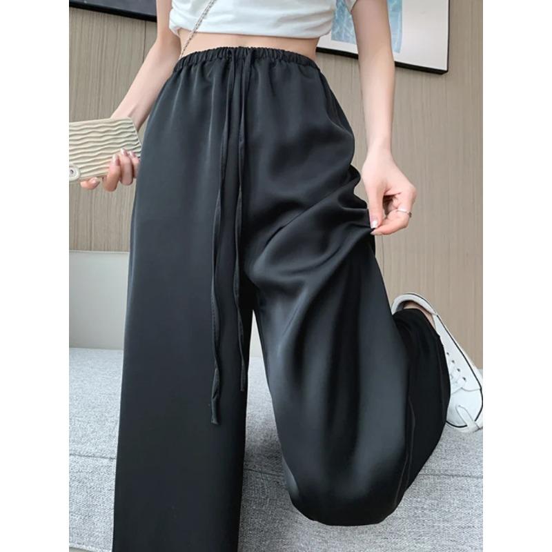 

Women s Wide Leg Pants Summer Ice Silk Straight Trousers High Waist Ladies Casual Loose Satin Soft Full-length Pants for Women S