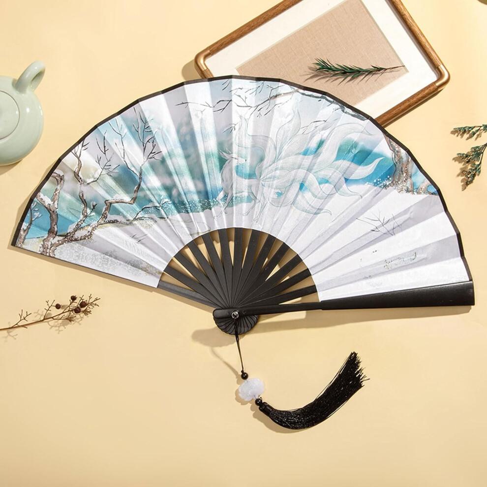 Chinese Double-Sided Folding Fan for Home, Decorative Art Hand Fan with Tassels for Parties, 9-Inch Size, Traditional Style