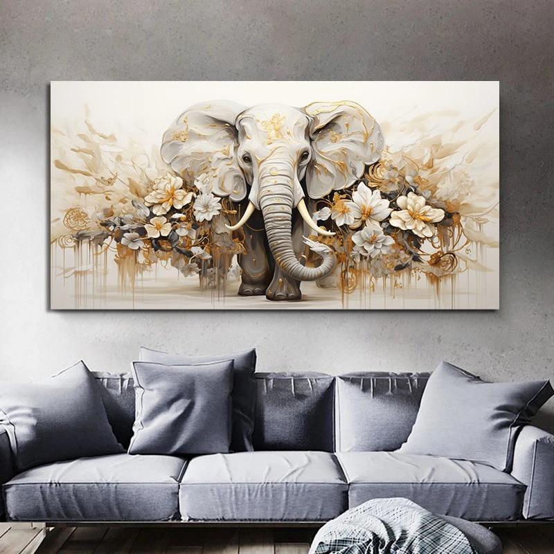 Abstract Olifant Canvas Schilderij Muurkunst Witte Bloemen Gouden Bladeren Gouden Textuur Posters en Prints voor Woonkamer Decor