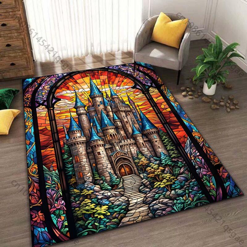 1PC Glass Window Castle Printed Carpet for Living Room Bedroom Bedside Bathroom Floor Mat Area Rugged Sofa Mat Home Decor