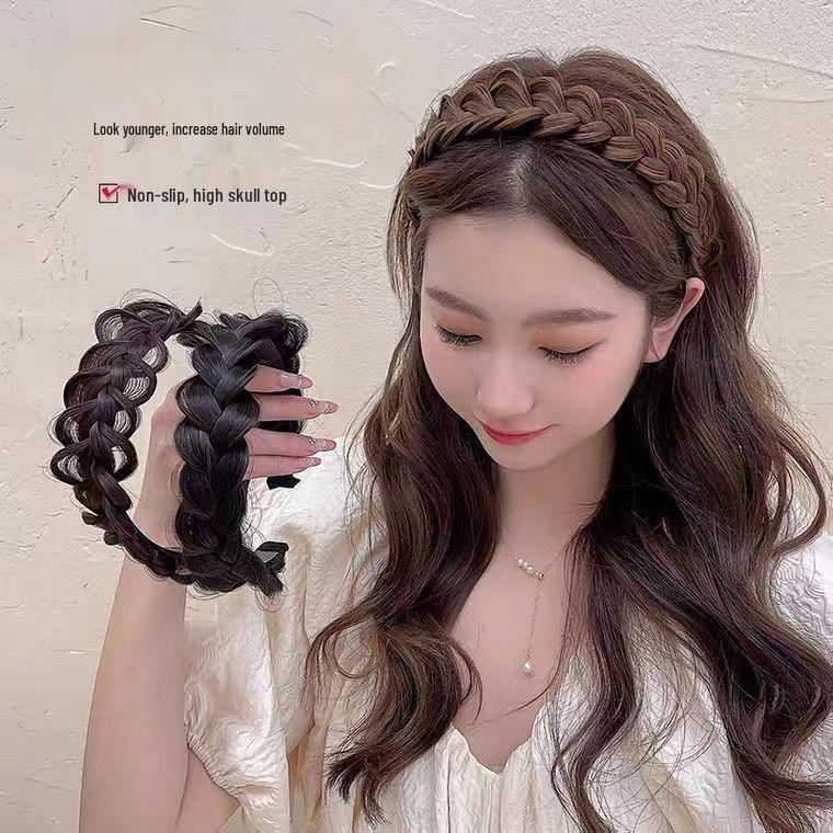 Women's Fishbone Braid Headband: Braided Hair Clip Pigtail Wig Hairpin with High Crown Hair Tie