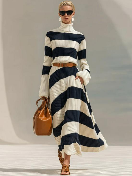 Elegant Navy Blue & White Striped Long Sleeve Dress