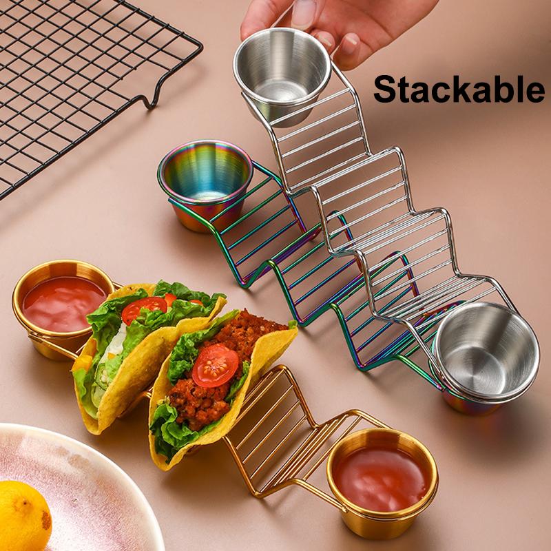 Stainless Steel Taco Holder with 2 Sauce Cups Taco Stand Holds 3 Tortillas Taco Tray Plates Fits Air Fryer Oven Kitchen Gadgets