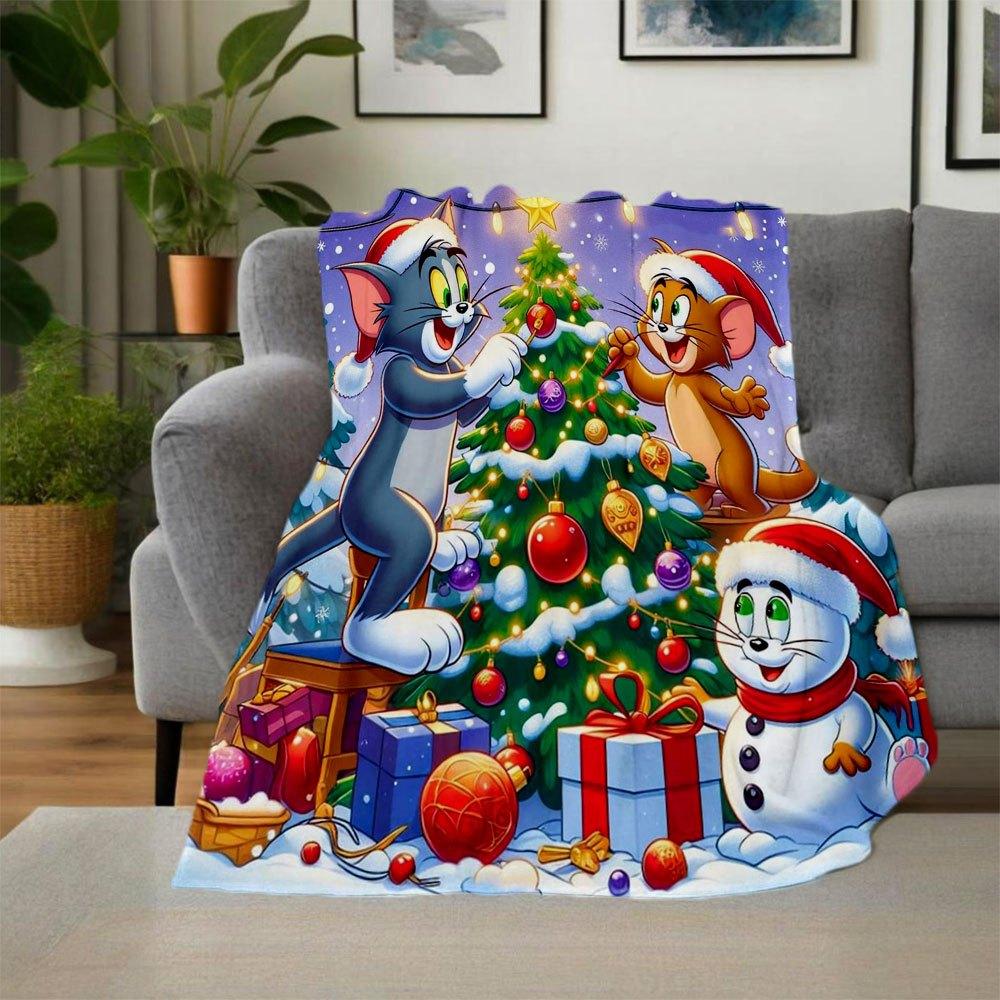 Tom Jerry Christmas Decorations for Kids Room Wall Art PrintBlanket Flannel Throw Blanket for Sofa, Bed, Travel, Camping, Office